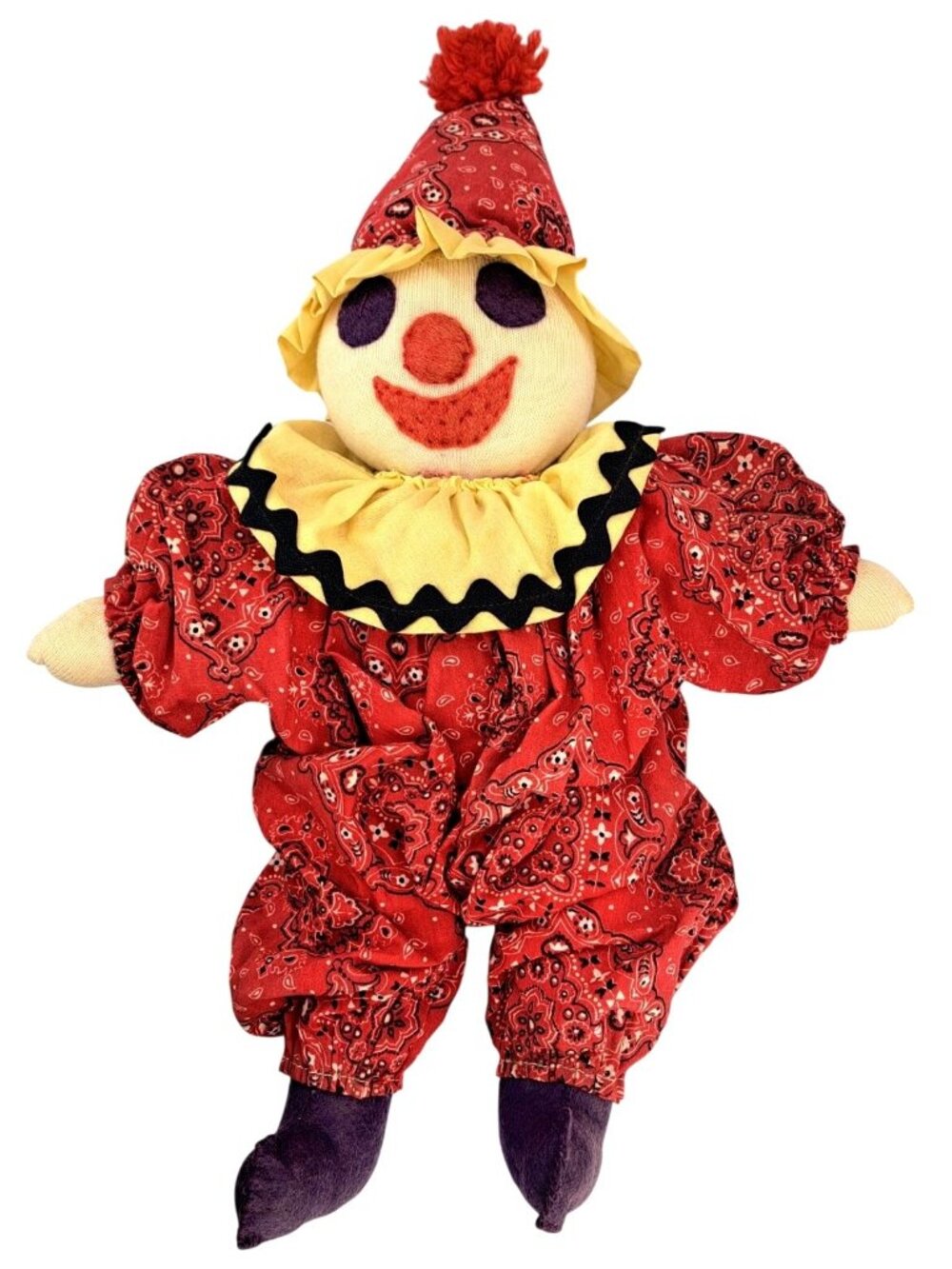 Vintage Handmade Clown Doll Red Bandana Outfit Yellow Ruffle Collar 1970s Cloth